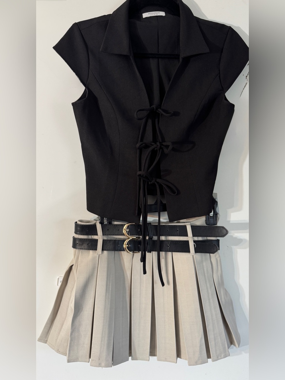 Peppermayo Lace-Up Cap Sleeve Top with Beige Pleated Skirt Retail 175.00